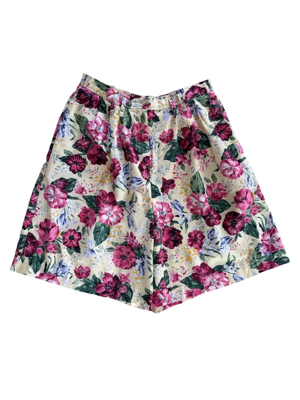 Herman Geist Yellow Floral Print 100% Cotton Shorts Size 8/30”Flowy Pleated VTG